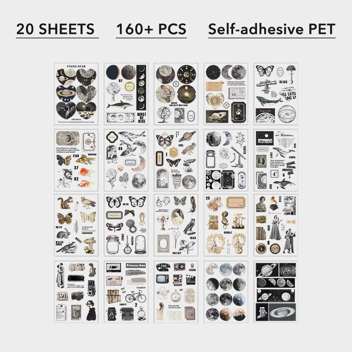 20 Sheets Vintage Precut PET Stickers Scrapbook