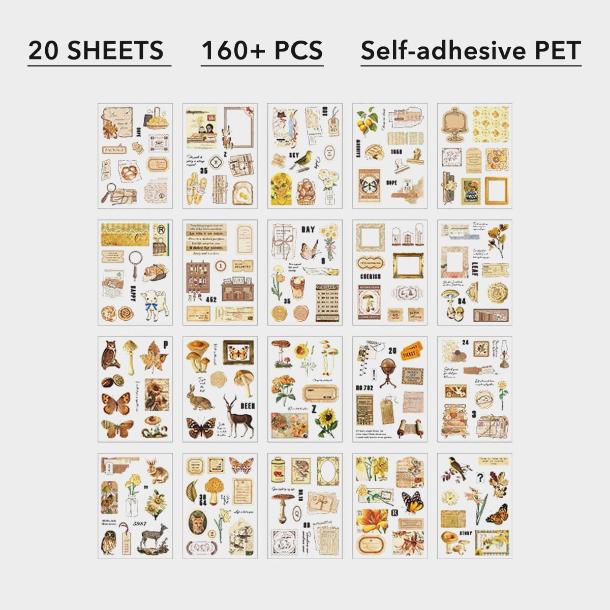 20 Sheets Vintage Precut PET Stickers Scrapbook