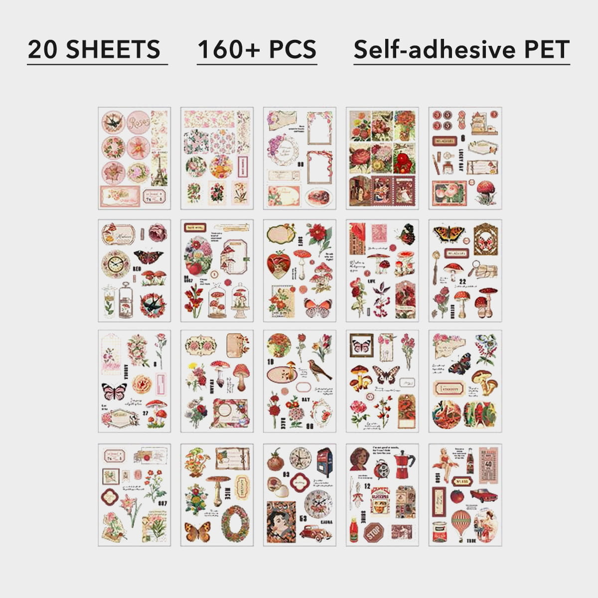20 Sheets Vintage Precut PET Stickers Scrapbook