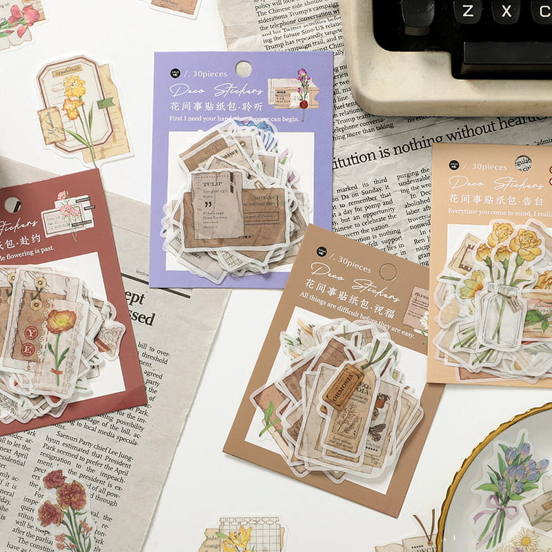 30 PCS Floral And Label Decor Stickers
